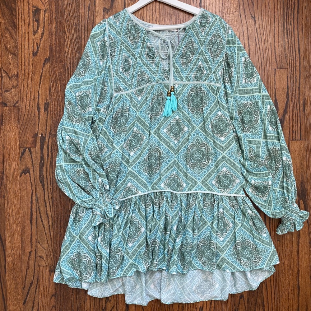 Harni Boho Tunic Dress Women's XS Turquoise Blue Long‎ Sleeve Mini Smocked